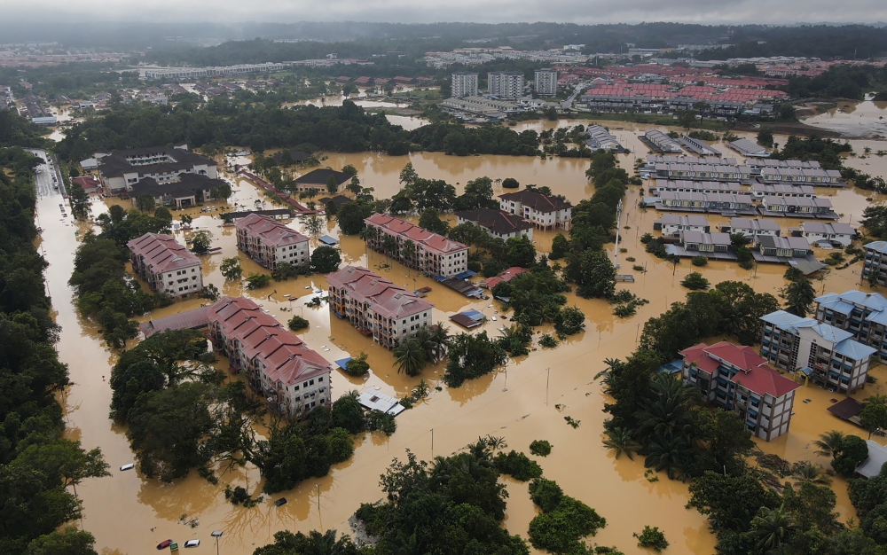 A view of the flooded areas in Bintulu captured by the Sarawak Civil Defence Force Drone Unit yesterday.