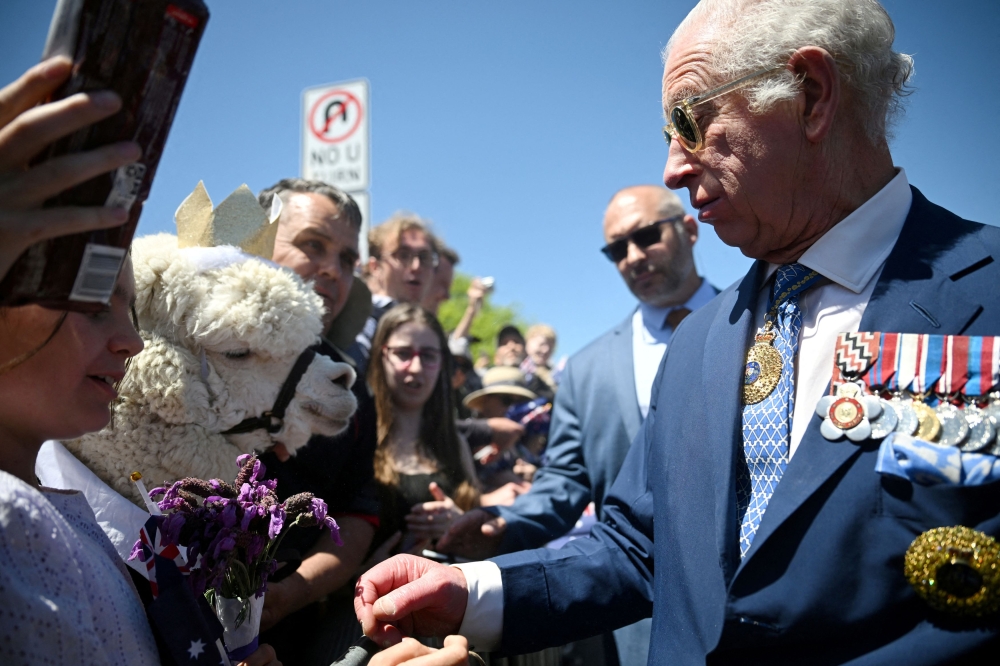Robert Fletcher, along with his nine-year-old alpaca, Hephner, greet Britain's King Charles at the Australian War Memorial in Canberra, Australia last year. — Reuters pic