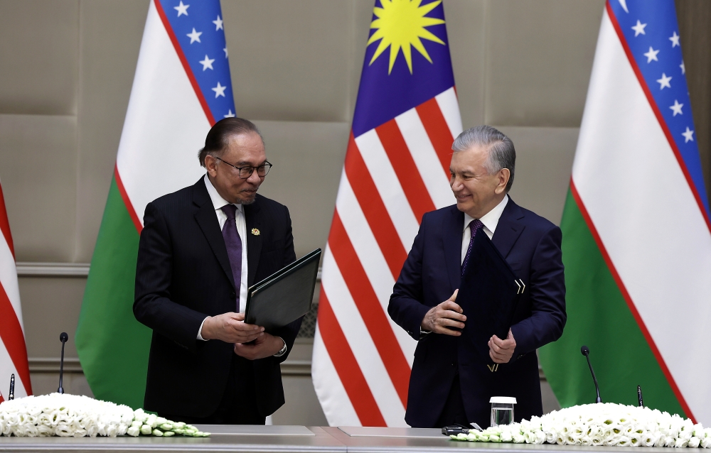 Prime Minister Datuk Seri Anwar Ibrahim and President of Uzbekistan Shavkat Mirziyoyev during a meeting at the Kuksaroy Presidential Palace in Tashkent in May last year. — Bernama pic