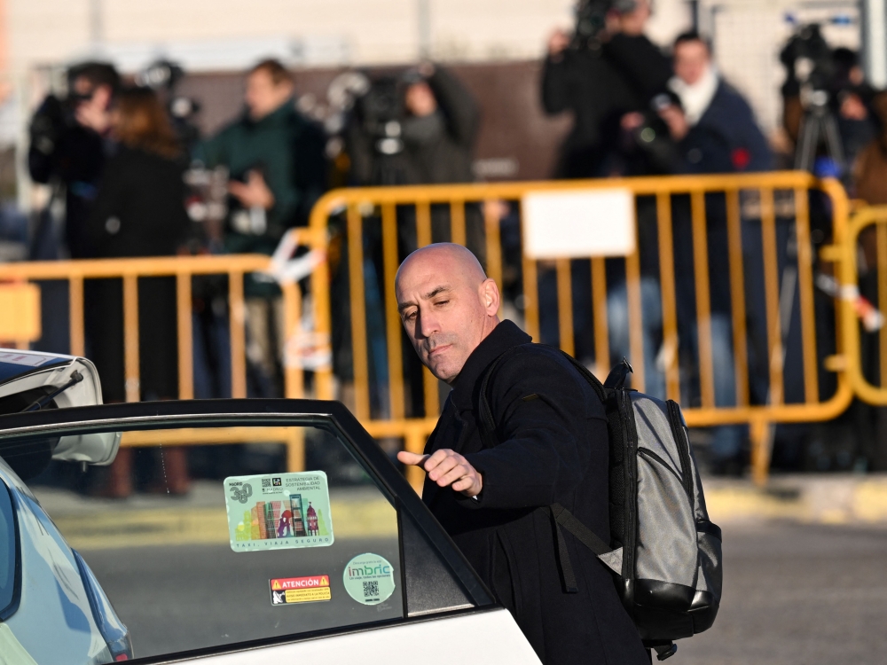 Former president of the Spanish football federation Luis Rubiales, accused of sex assault and coercion over forcible kiss on lips of Spain's player Jenni Hermoso, arrives at the court of San Fernando de Henares, east of Madrid. — AFP pic