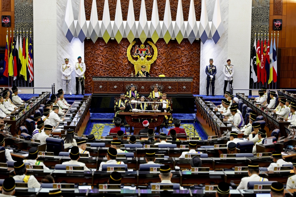 The King Sultan Ibrahim delivers the Royal Address at the opening ceremony of the First Meeting of the Fourth Session of the 15th Parliament at the Parliament Building in Kuala Lumpur February 3, 2025. — Bernama pic