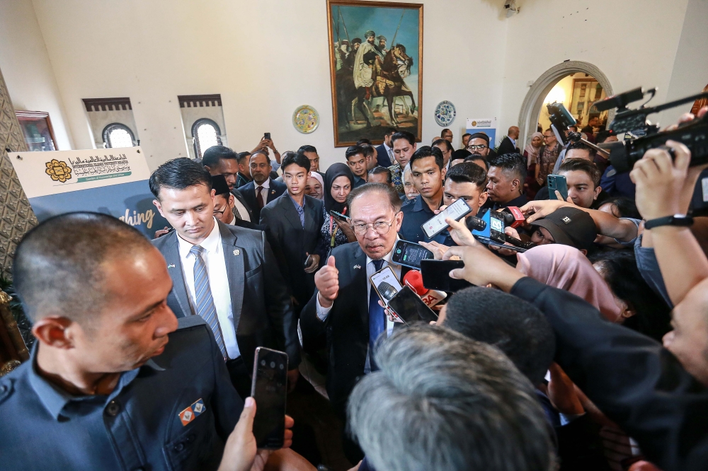 Prime Minister Datuk Seri Anwar Ibrahim speaks to the media after launching the establishment of the new International Institute of Futures Studies at the International Islamic University of Malaysia (IIUM) in Kuala Lumpur, February 5, 2025. — Picture by Sayuti Zanudin
