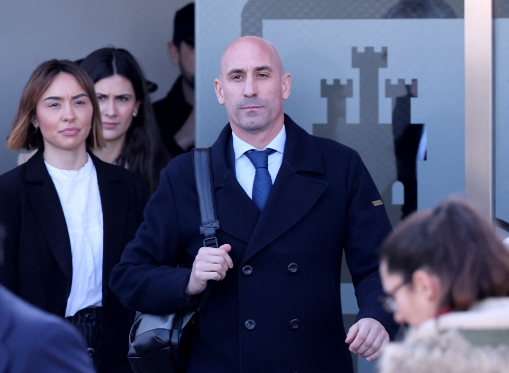 Former president of the Spanish football federation Luis Rubiales, accused of sex assault and coercion over forcible kiss on lips of Spain's player Jenni Hermoso, leaves the court of San Fernando de Henares, east of Madrid, on February 3, 2025 on the first day of his trial. — AFP pic