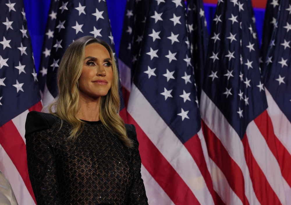 Lara Trump looks on during Republican presidential nominee and former US President Donald Trump’s rally, at the Palm Beach County Convention Center in West Palm Beach, Florida November 6, 2024. — Reuters pic  
