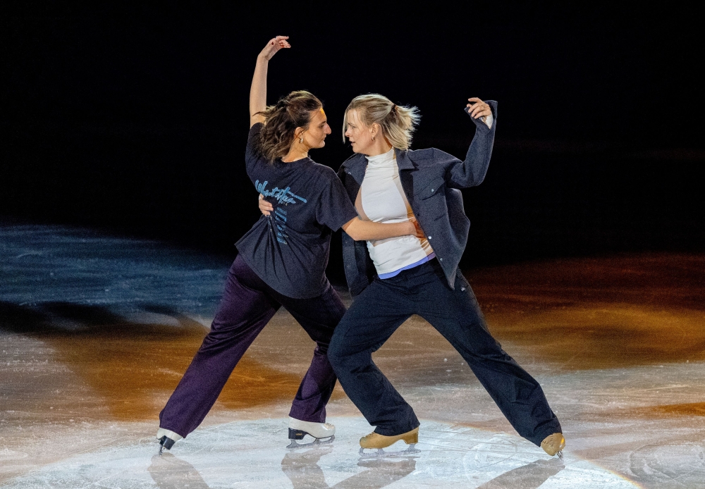 Olympic ice dancing medalists Gabriella Papadakis of France and Madison Hubbell of the U.S. rehearse their upcoming performance as a same-gender couple, ahead of the Art on Ice gala in Zurich, Switzerland February 5, 2025. — AFP pic