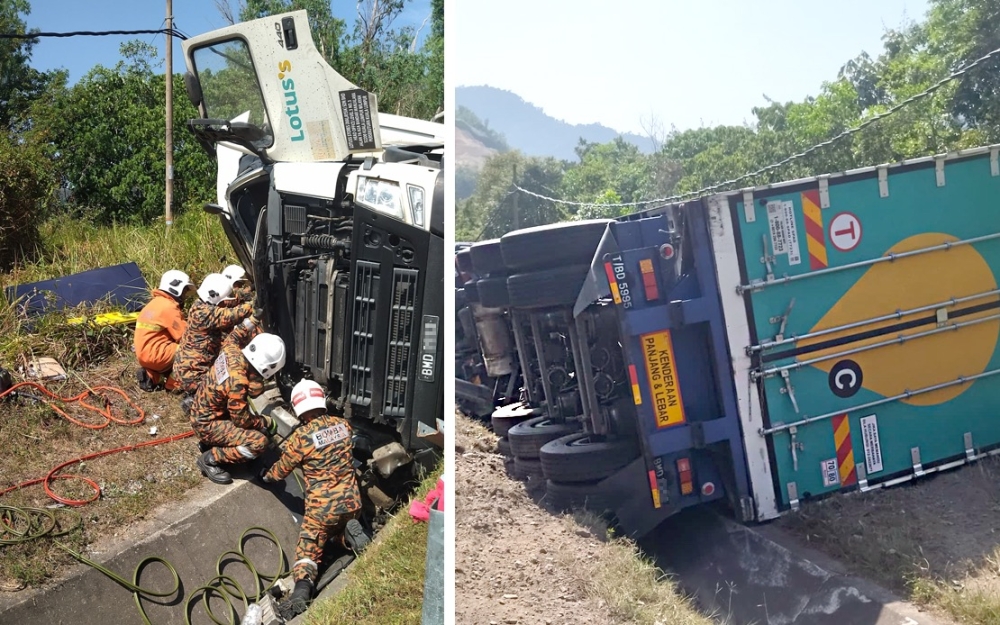A man was killed and another injured when the container lorry they were in skidded and overturned into a ditch along the Gerik-Jeli East-West Highway (JRTB) near the Sungai Lebey rest and service (R&R) area yesterday morning. — Bernama