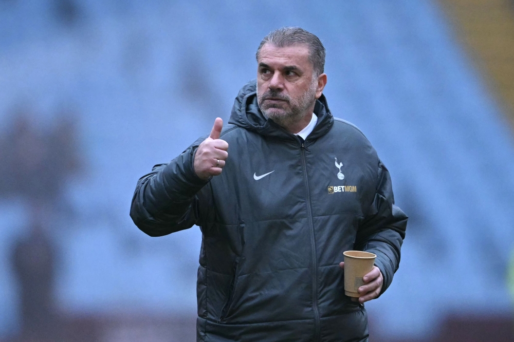 Tottenham Hotspur’s Greek-Australian Head Coach Ange Postecoglou gestures on the pitch ahead of the English FA Cup fourth round football match between Aston Villa and Tottenham Hotspur at Villa Park in Birmingham, central England on February 9, 2025. — AFP pic