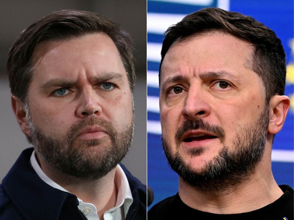 This combination of pictures created on February 10, 2025 shows (from left) US Vice President JD Vance in East Palestine, Ohio, on February 3, 2025 and Ukraine's President Volodymyr Zelensky in Brussels on December 19, 2024. — AFP pic
