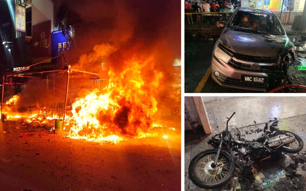 Five vehicles were destroyed after a fireworks stall went up in flames at Jalan Dataran Cheras 6, Dataran Perniagaan Cheras, near here last night. — Bernama pic