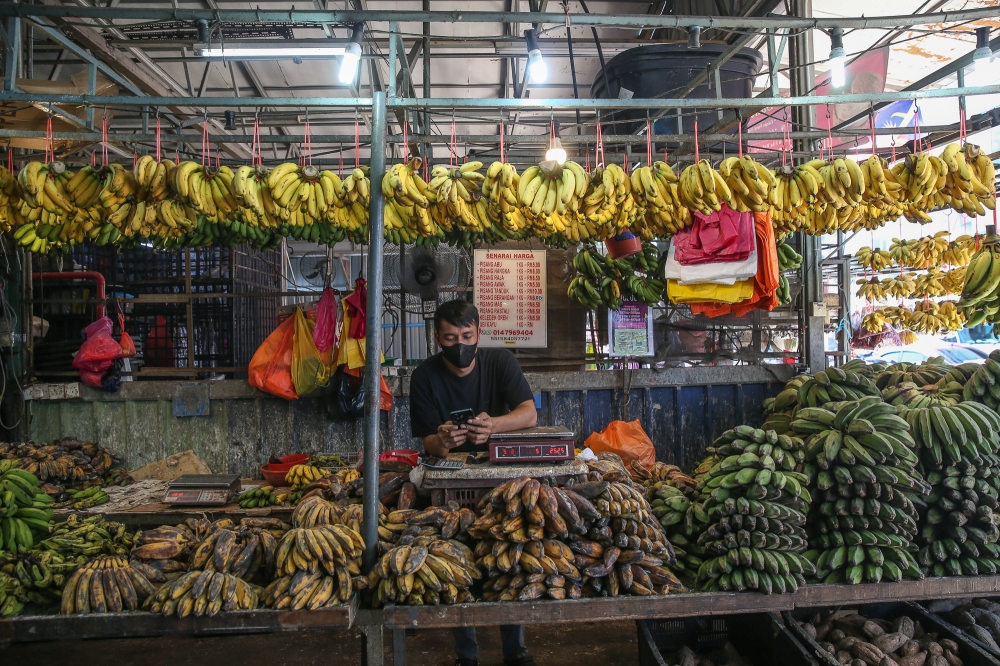 File photo of a vendor using his mobile phone while waiting for customers at Jalan Raja Bot Market in Kuala Lumpur October 16, 2024. — Picture by Yusof Mat Isa
