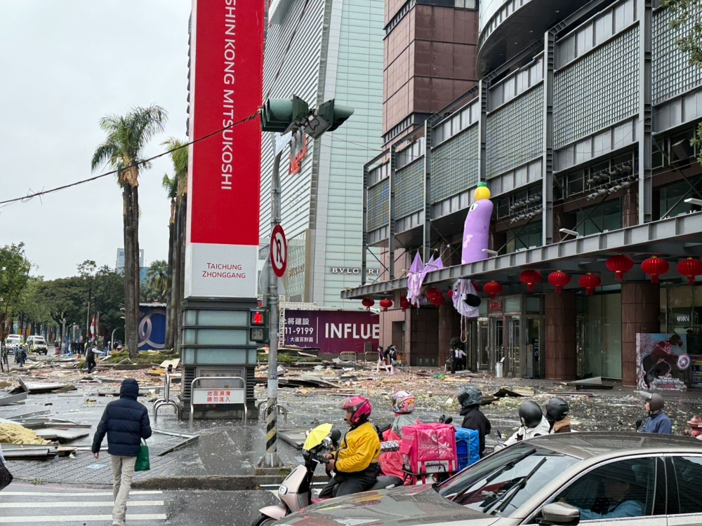 The scene outside the Shin Kong Mitsukoshi department store in Taichung, Taiwan after an explosion on February 13, 2025.— AFP/Taiwan Central News Agency (CNA) pic