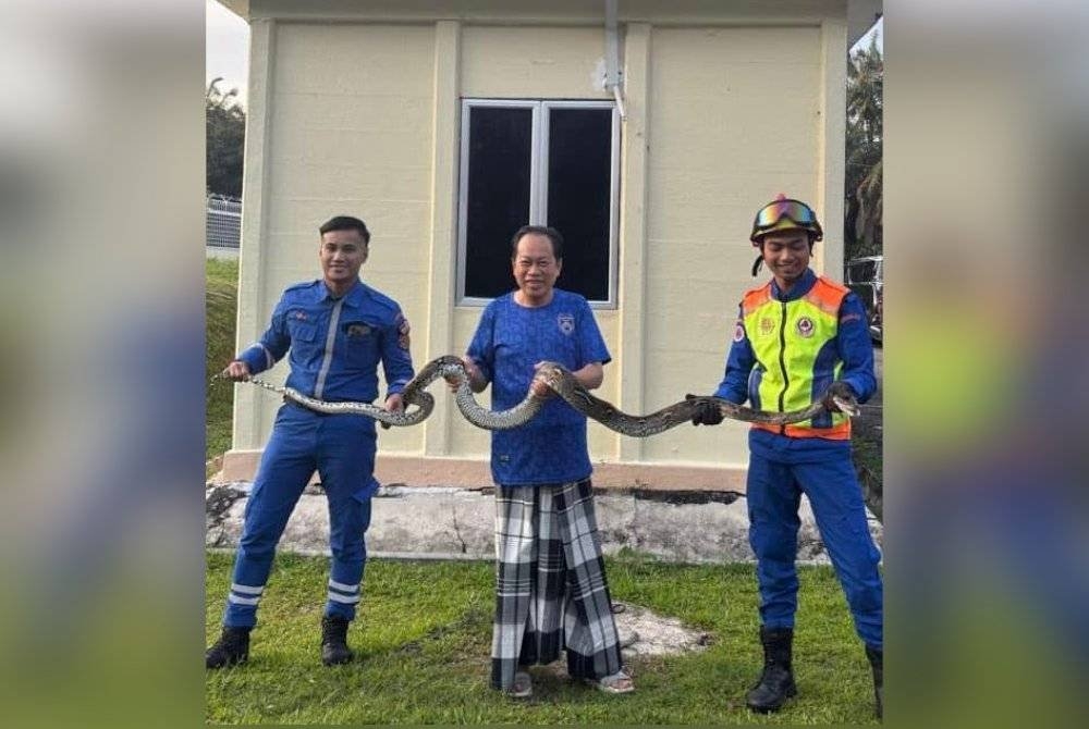 Ahmad Maslan holding the python captured by APM personnel at the government quarters on Thursday. — Picture via Facebook