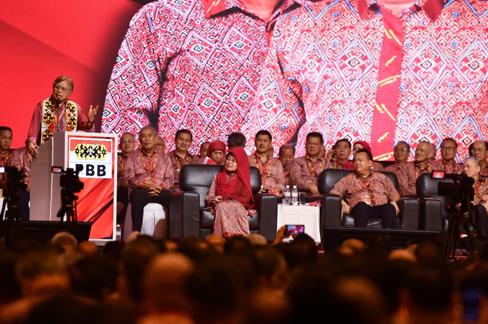 PBB president Tan Sri Abang Johari Openg gives his address during the opening of the 16th PBB General Assembly in Kuching February 15, 2025. — Bernama pic