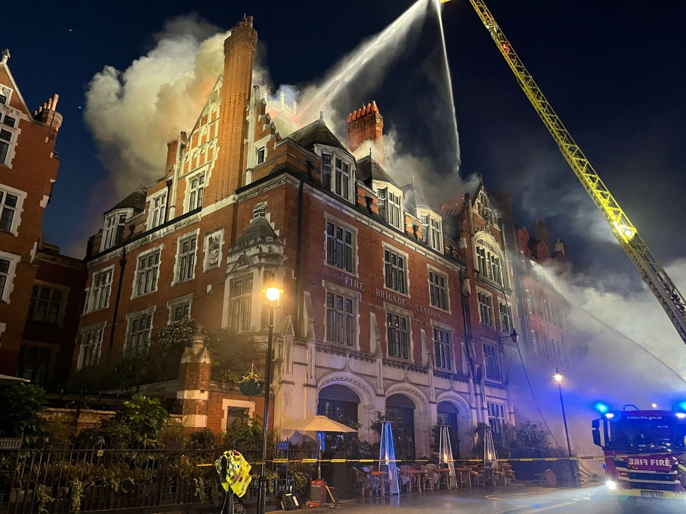 Firefighters putting out the blaze at the Chiltern Firehouse hotel in Marylebone, London on February 14, 2025. — Picture from X/London Fire Brigade