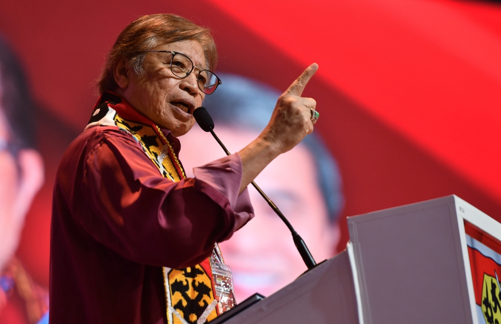PBB president Tan Sri Abang Johari Openg gives his address during the opening of the 16th PBB General Assembly in Kuching February 15, 2025. — Bernama pic