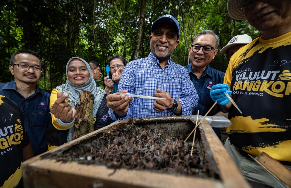 Datuk Seri Dr Zambry Abd Kadir inspects the quality of honey produced by stingless bees during the launch of the Madani Pangkor Community Entrepreneurship Programme in Lumut, Perak on February 15, 2025. — Bernama pic