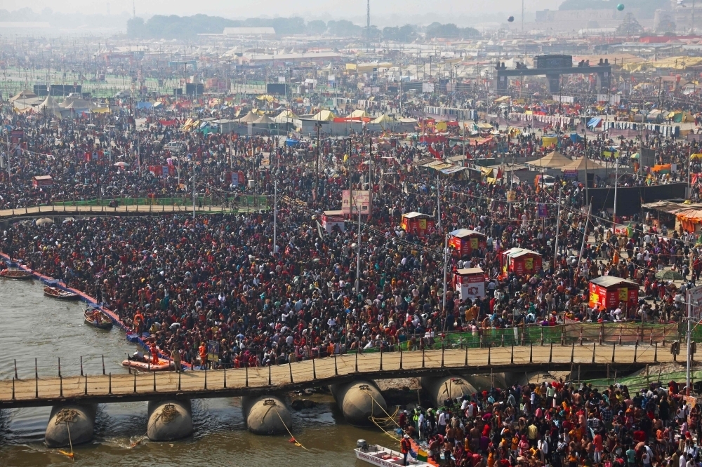 Pilgrims gather to take a holy dip at Sangam, the confluence of the Ganges, Yamuna and mythical Saraswati rivers during the Maha Kumbh Mela festival in Prayagraj on January 29. — File pic by AFP 