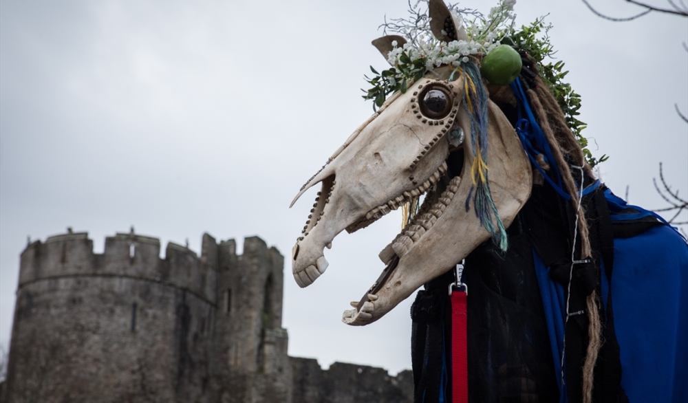 The Mari Lwyd wassailing entails the use of a hobby horse made from a horse’s skull mounted on a pole and carried by an individual hidden under a sheet from house to house by groups of men who would eventually be invited to share food and drink with householders. — Picture from Facebook/Killer Automaton