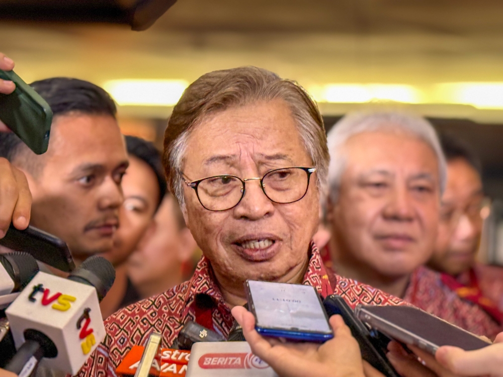 Abang Johari speaks to reporters after the closing ceremony of the PBB Convention in Kuching February 16, 2025. — The Borneo Post pic
