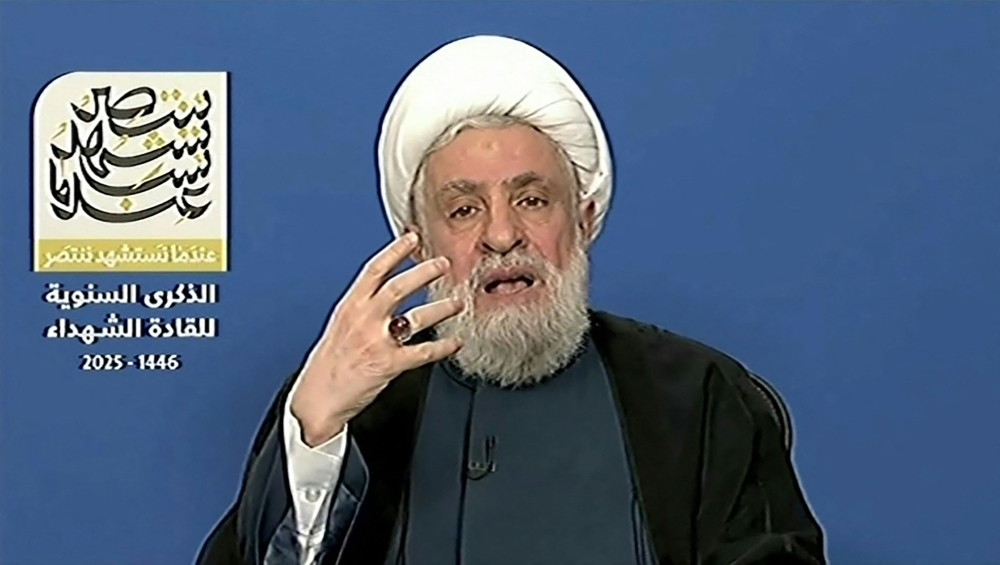 An image grab taken from Hezbollah’s Al-Manar TV on February 16, 2025, shows Hezbollah chief Naim Qasem delivering a televised speech from an undisclosed location. Qassem said that Lebanon’s government was responsible for making Israel honour a withdrawal deadline under a fragile ceasefire agreement, while also blaming Israel for a stoppage on flights from Iran. — Al-Manar handout pic via AFP 