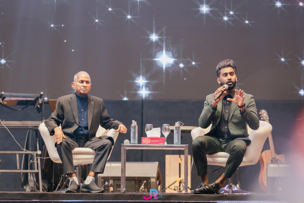 Indian music maestro Ilaiyaraaja (left) and Pink Creative Agency’s creative director Ravivarma Vicraman (right) at a press conference recently ahead of the maestro’s concert in April. — Picture courtesy of Pink Creative Agency