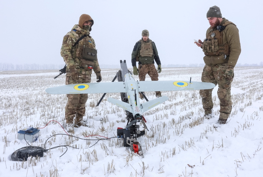Servicemen of the 92nd Separate Assault Brigade of the Armed Forces of Ukraine prepare to launch a Ukrainian made RAM precision-guided loitering munition (UAV), amid Russia’s attack on Ukraine, in Kharkiv region, Ukraine February 15, 2025. — Reuters pic 