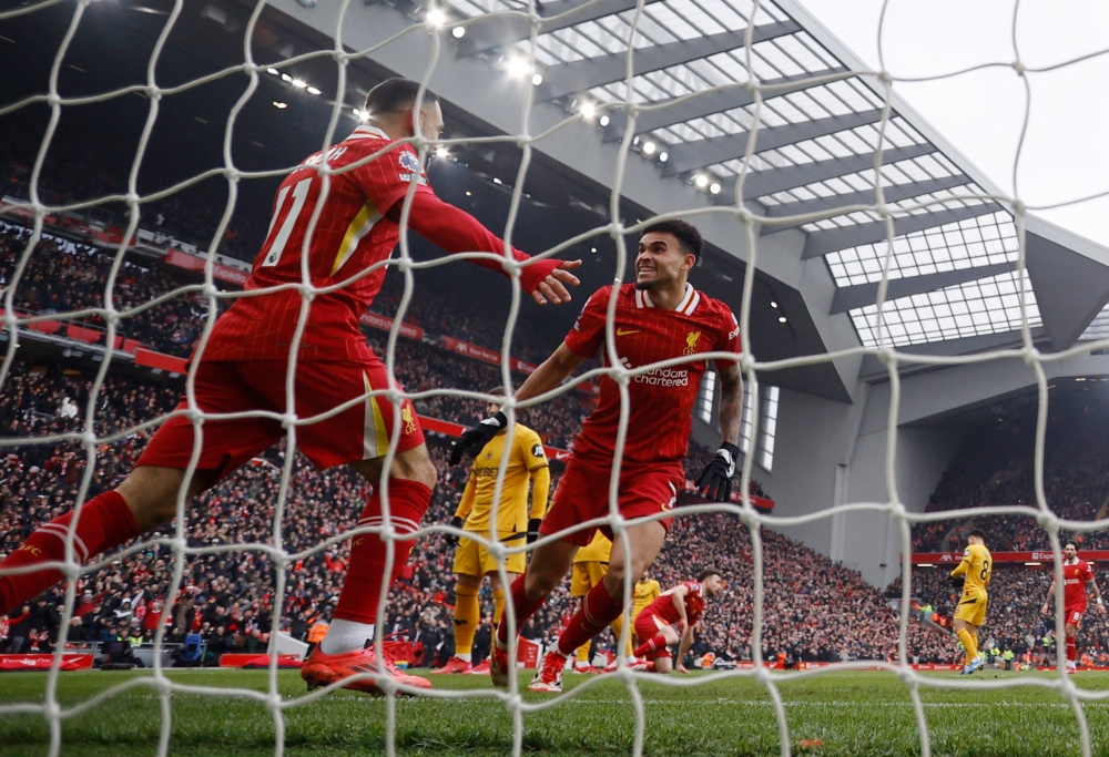 Liverpool's Luis Diaz celebrates scoring their first goal against Wolverhampton Wanderers at Anfield on Feb 16, 2025. — Reuters pic