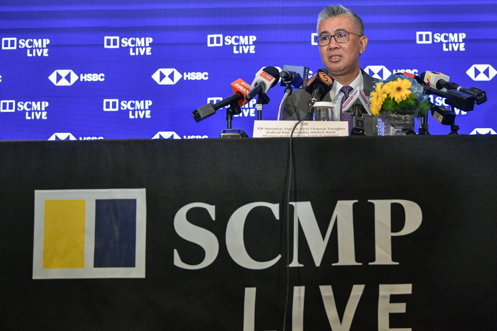 Investment, Trade and Industry Minister Datuk Seri Tengku Zafrul Abdul Aziz speaks to the media at the China Conference: Southeast Asia 2025. — Bernama pic