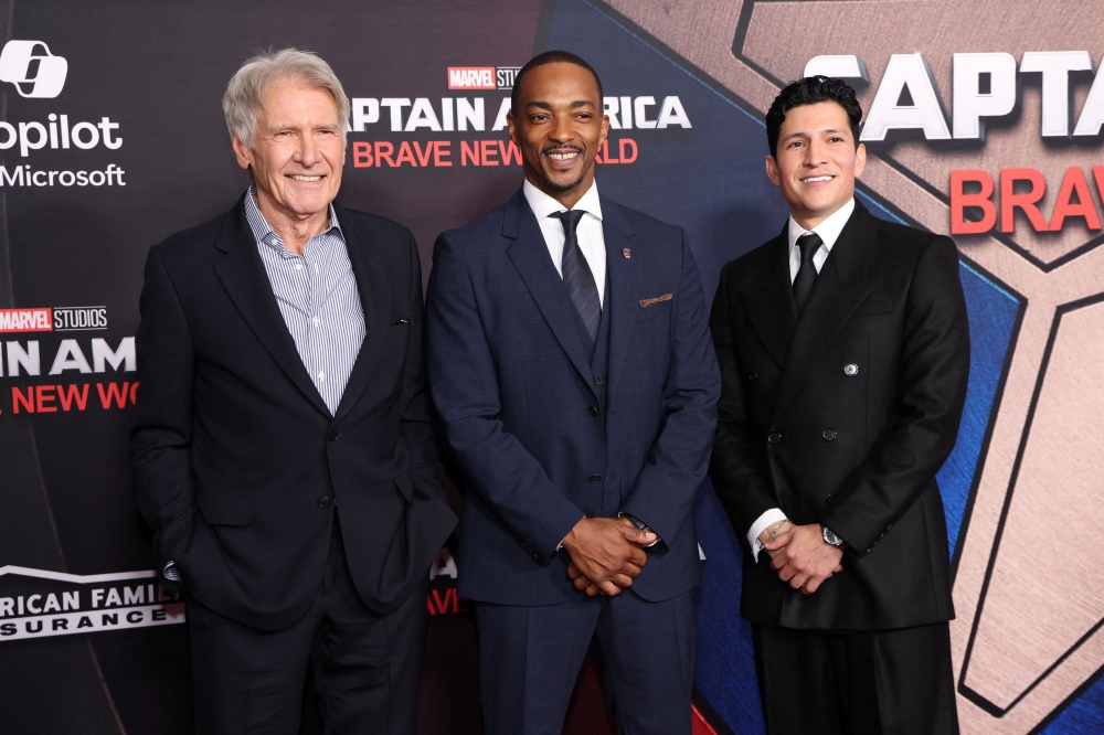Actors Harrison Ford, Danny Ramirez and Anthony Mackie attend the premiere for the film 'Captain America: Brave New World' in Los Angeles, California, February 11, 2025. — Reuters pic
