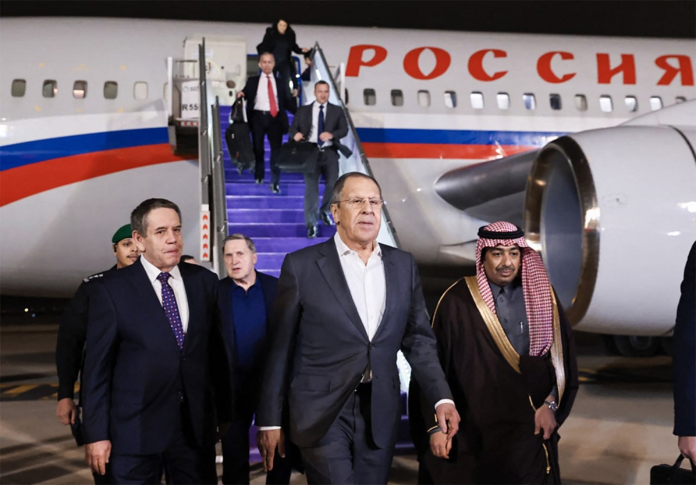 This handout picture taken and released by the Russian Foreign Ministry on their X social media account shows Russian Foreign Minister Sergei Lavrov (centre) arriving in Saudi Arabia prior to a meeting with US Secretary of State in Riyad on February 17, 2025. Top US and Russian diplomats will meet in Saudi Arabia on February 18, 2025, for talks on resetting the countries’ fractured relations and making a tentative start on trying to end the conflict in Ukraine. — Russian Foreign Ministry handout pic via AFP