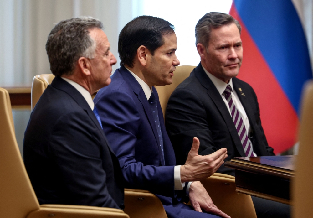 U.S. Secretary of State Marco Rubio, U.S. National Security Advisor Mike Waltz, and U.S. Middle East envoy Steve Witkoff attend an interview after meeting with Russian Foreign Minister Sergei Lavrov and Russian President Vladimir Putin's foreign policy advisor Yuri Ushakov, at Diriyah Palace, in Riyadh, Saudi Arabia, February 18, 2025. — Reuters pic
