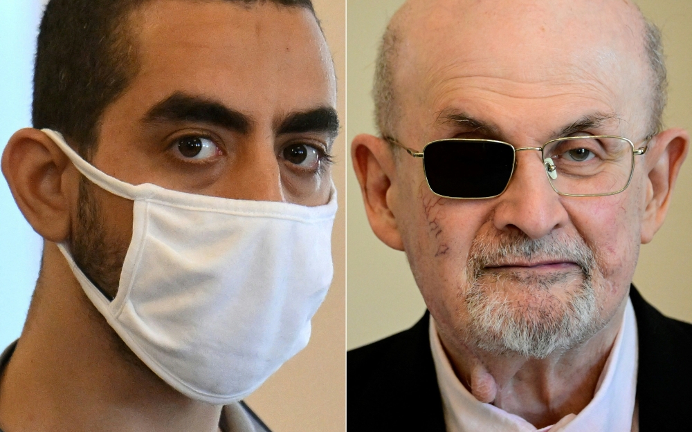 Hadi Matar (left), the man accused in the attempted murder of author Salman Rushdie, was found guilty by a jury on February 21, 2025, of attempting to kill Rushdie. — Pic from AFP 