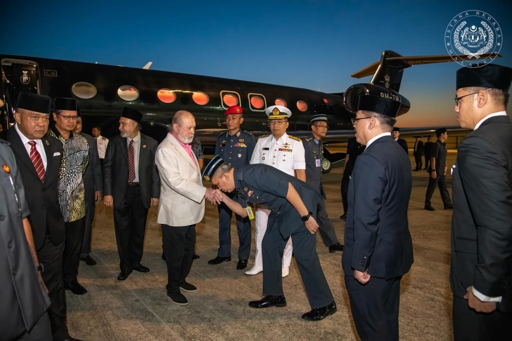 Sultan Ibrahim was greeted upon his return at the Royal Malaysian Air Force airbase in Subang. — Picture from Facebook/Sultan Ibrahim