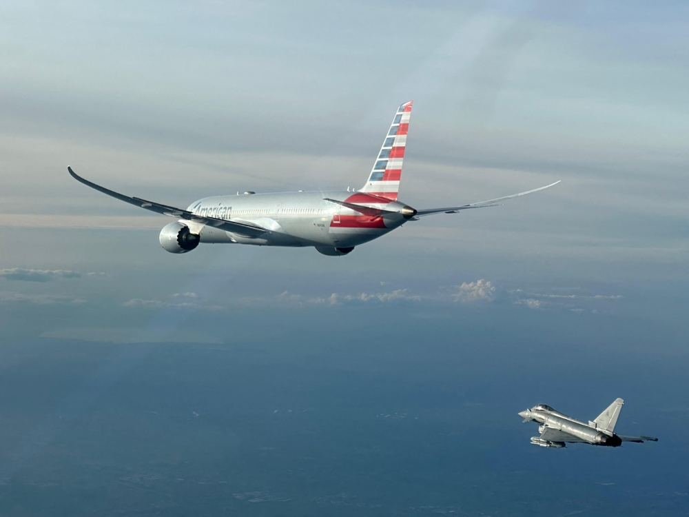 This handout picture taken and released by the Italian Air Force-Aeronautica Militare on February 23, 2025 shows an American Airlines flight being escorted by an Eurofighter from the Italian Air Force. An American Airlines flight from New York to New Delhi was diverted to Rome on February 23, 2025 afternoon following an ‘alleged bomb scare’, an Italian airport spokesman said. — Italian Air Force-Aeronautica Militare handout pic via AFP