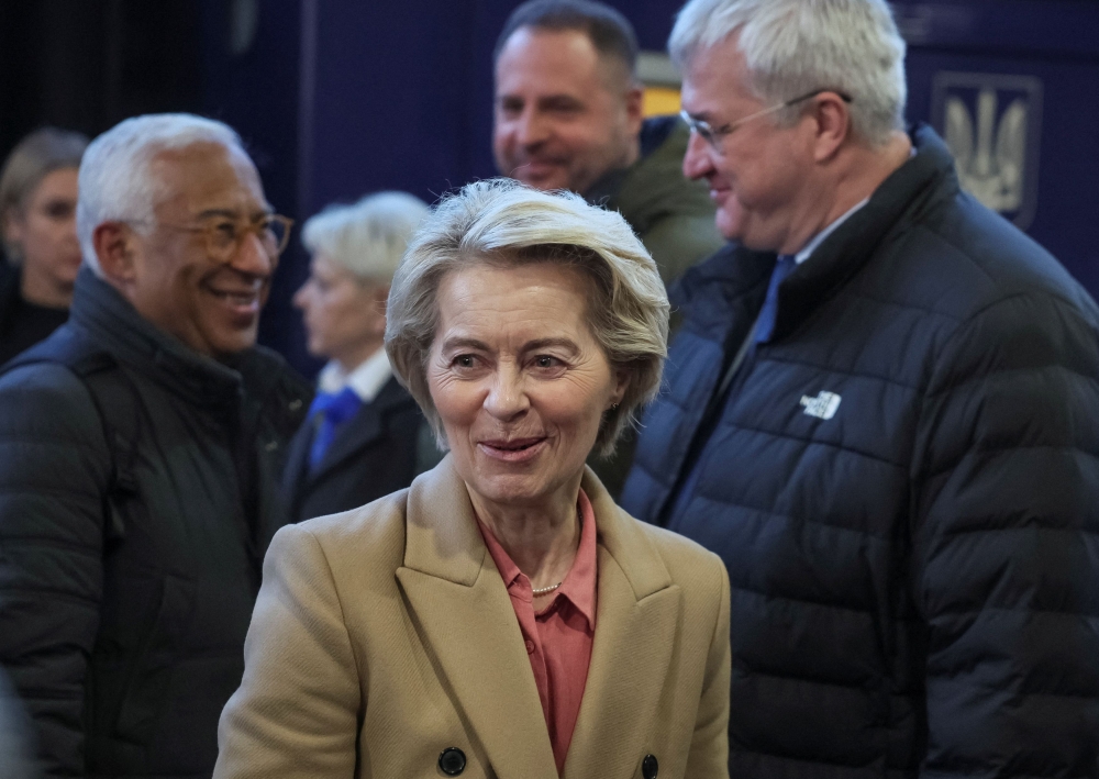 European Commission President Ursula von der Leyen and European Council President Antonio Costa arrive at a central railway station of the Ukrainian capital, amid Russia's attack on Ukraine, in Kyiv February 24, 2025. — Reuters pic 