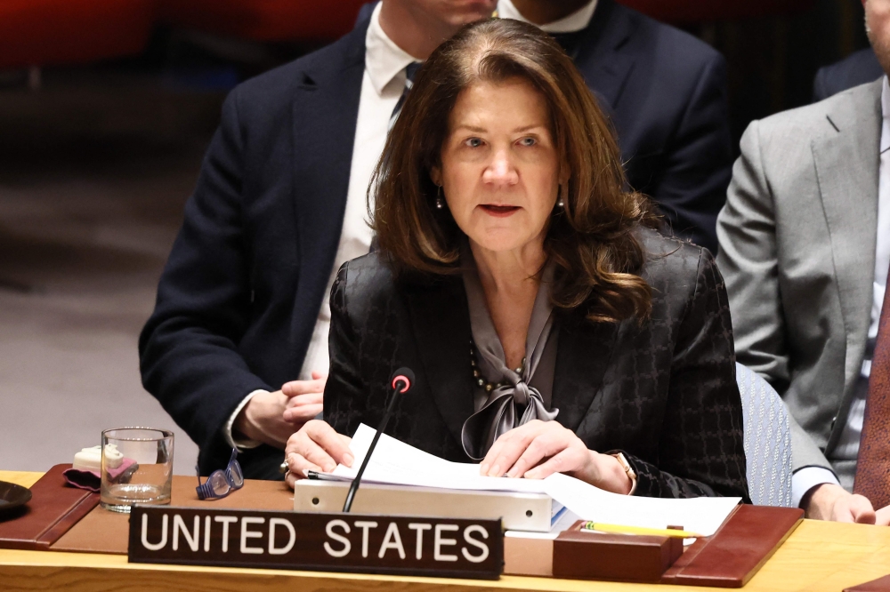 Ambassador Dorothy Camille Shea, Chargé d'Affaires ad interim of the United States, speaks during the United Nations (UN) Security Council meeting on Ukraine at the United Nations yesterday.  – Pic by AFP
