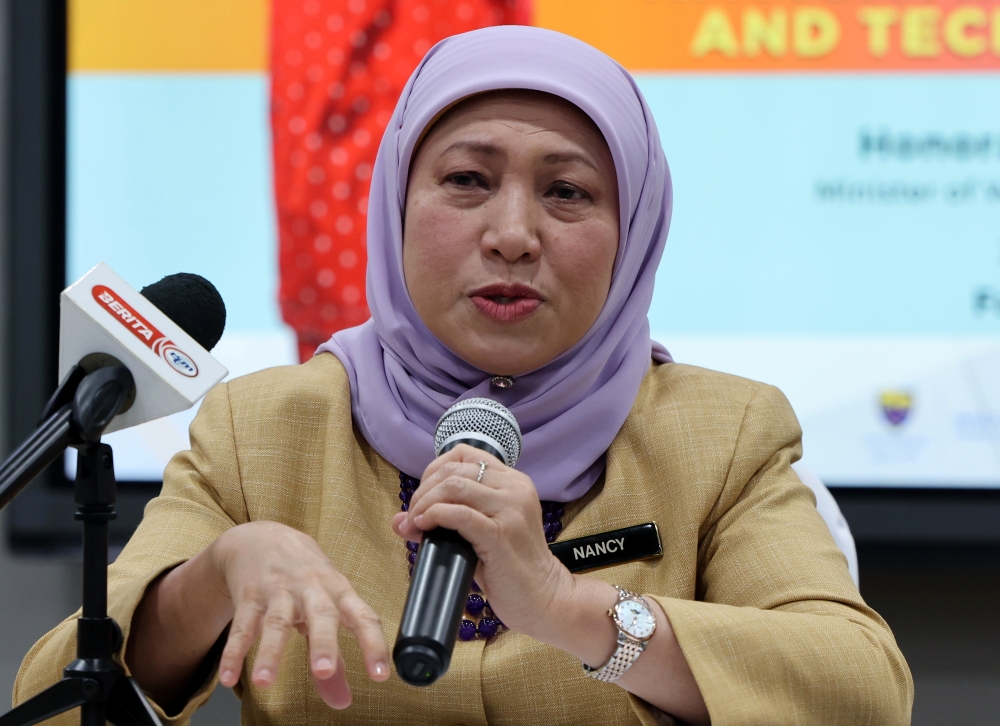 Nancy Shukri during a press conference today after the northern zone International Women’s Day celebration. — Bernama