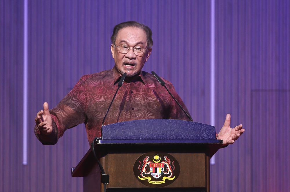Prime Minister Datuk Seri Anwar Ibrahim speaks during the launch of the National Waqf Month Celebration at PICC in Putrajaya on February 27, 2025. — Picture by Yusof Mat Isa
