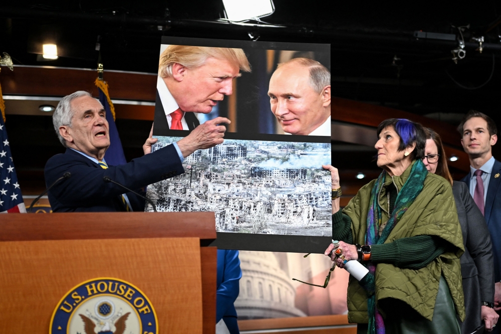US Representative Lloyd Doggett (left) along with members of the Congressional Ukraine Caucus hold a press conference on Capitol Hill in Washington, DC, on February 24, 2025.  — AFP pic