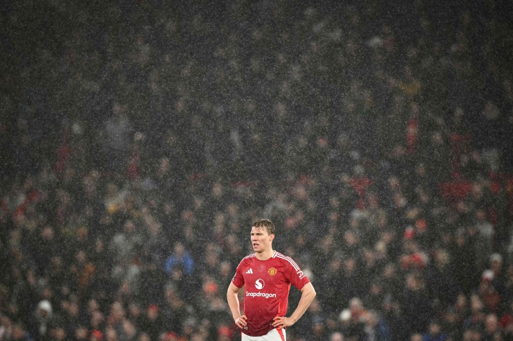 Manchester United's Danish striker Rasmus Hojlund reacts during the English Premier League football match with Ipswich Town — AFP pic