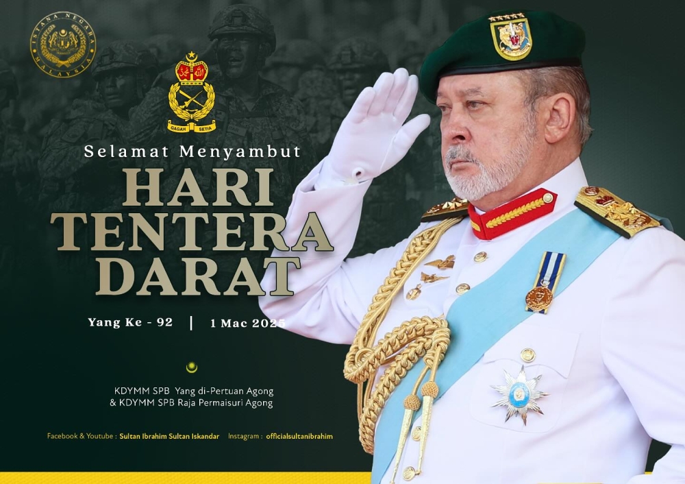 His Majesty Sultan Ibrahim, King of Malaysia today extended his well wishes to all Malaysian Army personnel, veterans and those who have served the military branch in conjunction with the 92nd Army Day celebration. — Picture via Facebook.com
