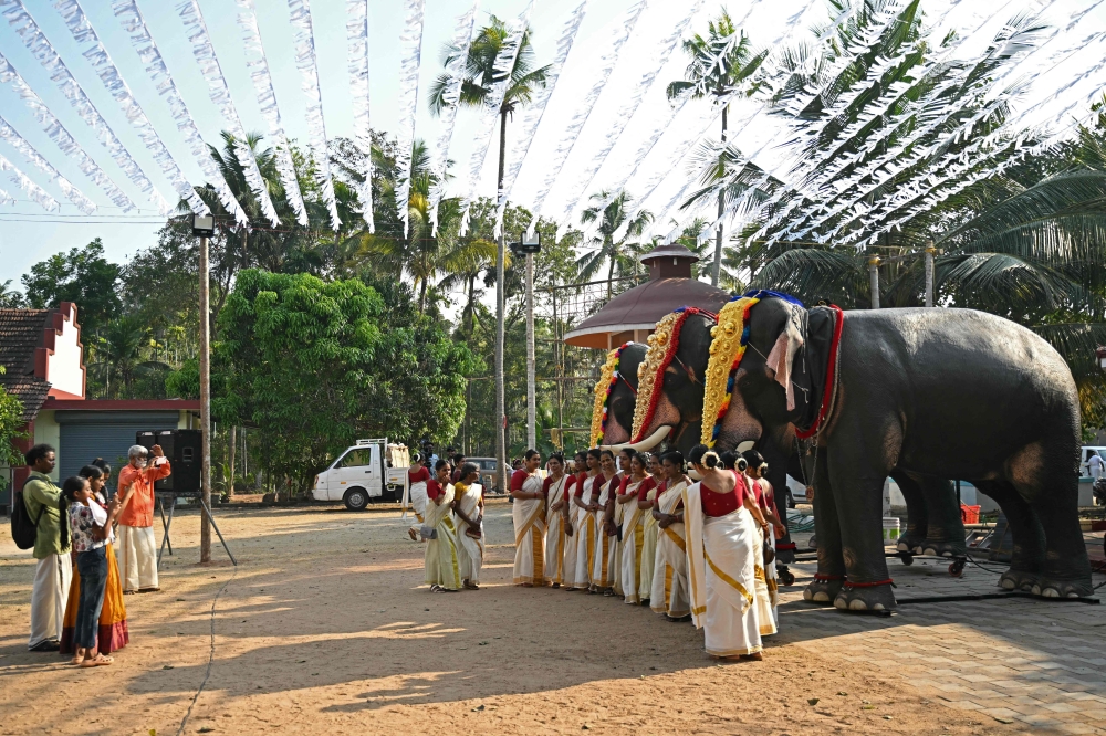 Devotees posing with the robotic elephants outside the Chakkamparambu Bhagavathy temple in Thrissur. — AFP pic