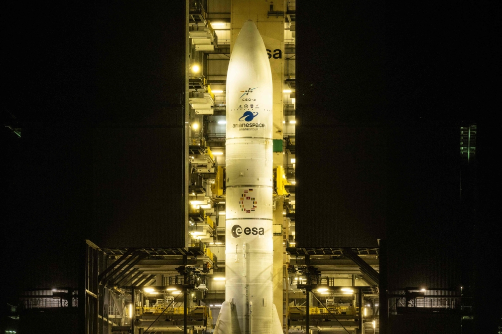 The European Space Agency (ESA) satellite launcher Ariane 6 rocket is seen prior to its maiden launch at the Guiana Space Centre in Kourou, French Guiana, on March 3, 2025. — AFP pic