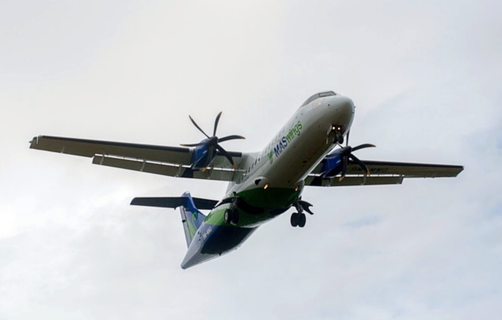 A MASWings ATR-72-500 aircraft, soon to be adorned with AirBorneo decals. — Bernama pic 