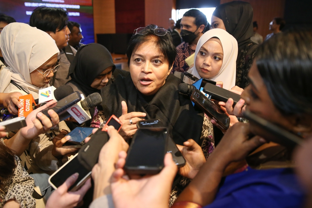 Minister in the Prime Minister's Department (Law and Institutional Reform) Datuk Seri Azalina Othman Said speaks to reporters during the Political Funding Bill briefing at the Asian International Arbitration Centre (AIAC) in Kuala Lumpur March 6, 2025. — Picture by Yusof Mat Isa