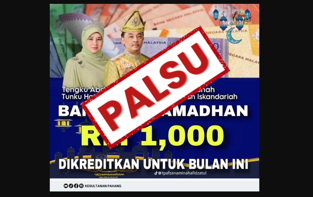 A post on Kesultanan Pahang’s official Facebook page stated that the account @tpafzanaminahafidzatul was circulating a message that RM1,000 in aid would be distributed to the public. — Picture from Facebook/Kesultanan Pahang