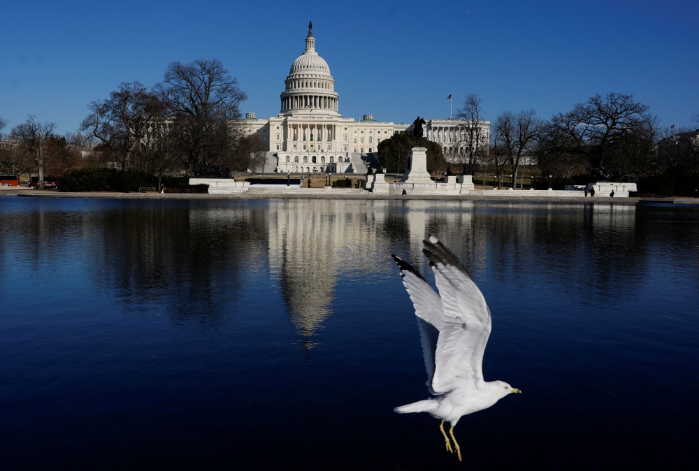 A bird flies near the US Capitol building in Washington, DC, February 25, 2025. Large swaths of the US government would be forced to stop operating at midnight on March 14 if Congress does not pass detailed spending legislation that would keep agencies running. — Reuters pic