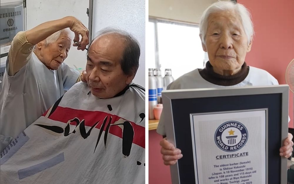 Shitsui Hakoishi, 108, has been certified the world’s oldest barber, Guinness World Records said — and she has pledged to keep working until at least 110. — Video screencaps via Instagram/guinnessworldrecords