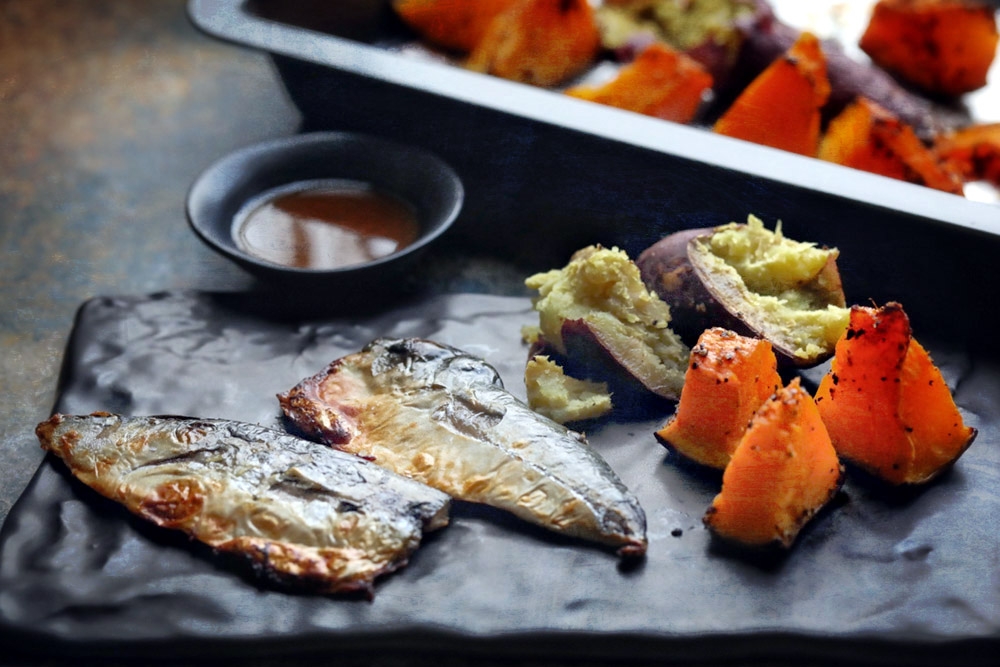 'Saba shioyaki' or grilled mackerel, with roast vegetables.