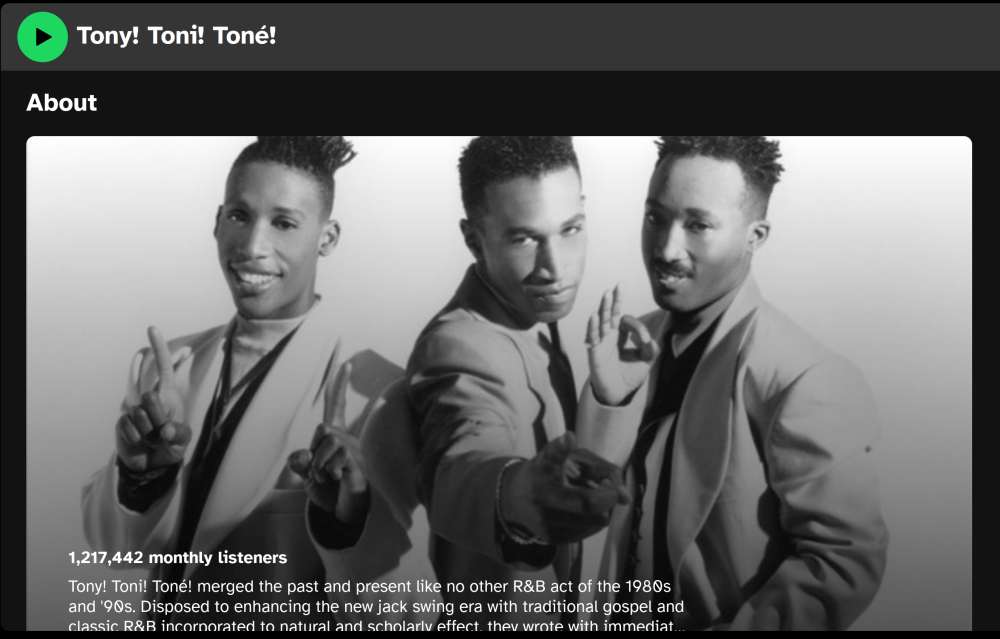 A screen capture shows the members of Tony! Toni! Toné! on their Spotify profile page.